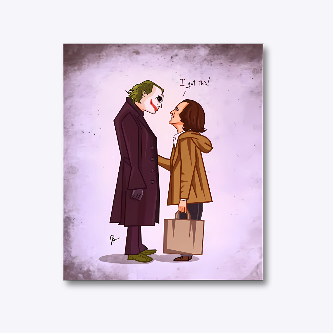 Joker Meets Joker wall art featuring Heath Ledger and Joaquin Phoenix in Prasad Bhat's signature caricature style