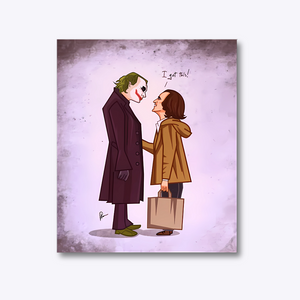 Joker Meets Joker wall art featuring Heath Ledger and Joaquin Phoenix in Prasad Bhat's signature caricature style