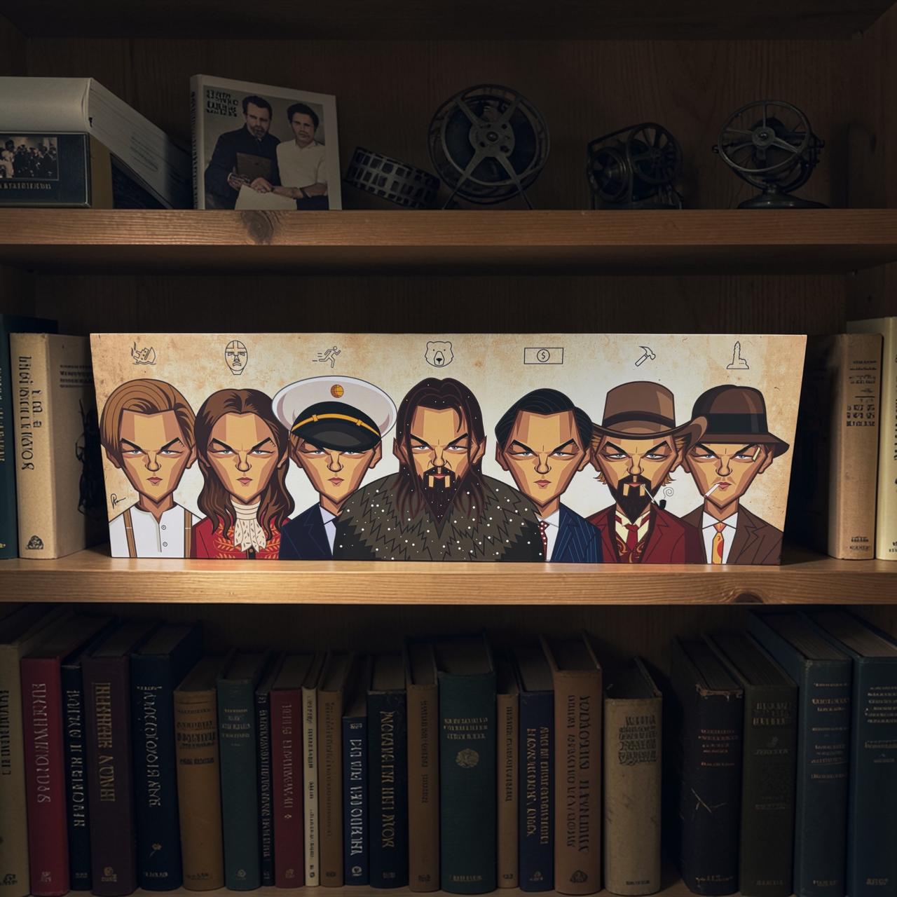 Close-up of Leonardo DiCaprio caricature artwork showing detailed illustration and expressions