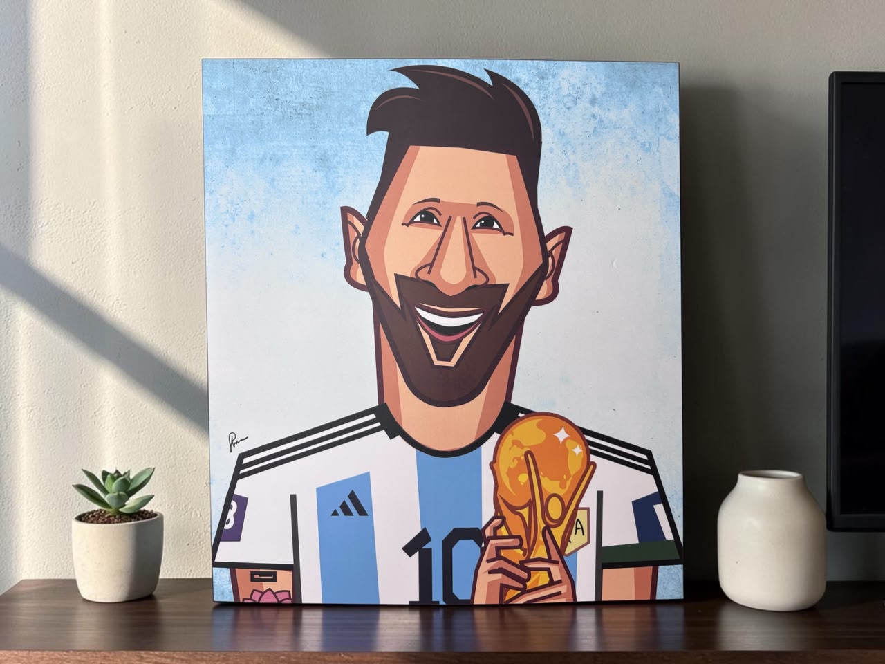 Lionel Messi World Cup champion wall art celebrating Argentina's historic FIFA World Cup victory in Graphicurry's signature illustration style.