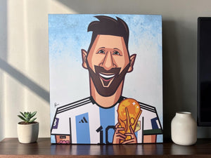 Lionel Messi World Cup champion wall art celebrating Argentina's historic FIFA World Cup victory in Graphicurry's signature illustration style.