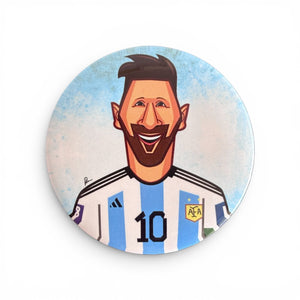 Lionel Messi button badge featuring iconic football legend artwork