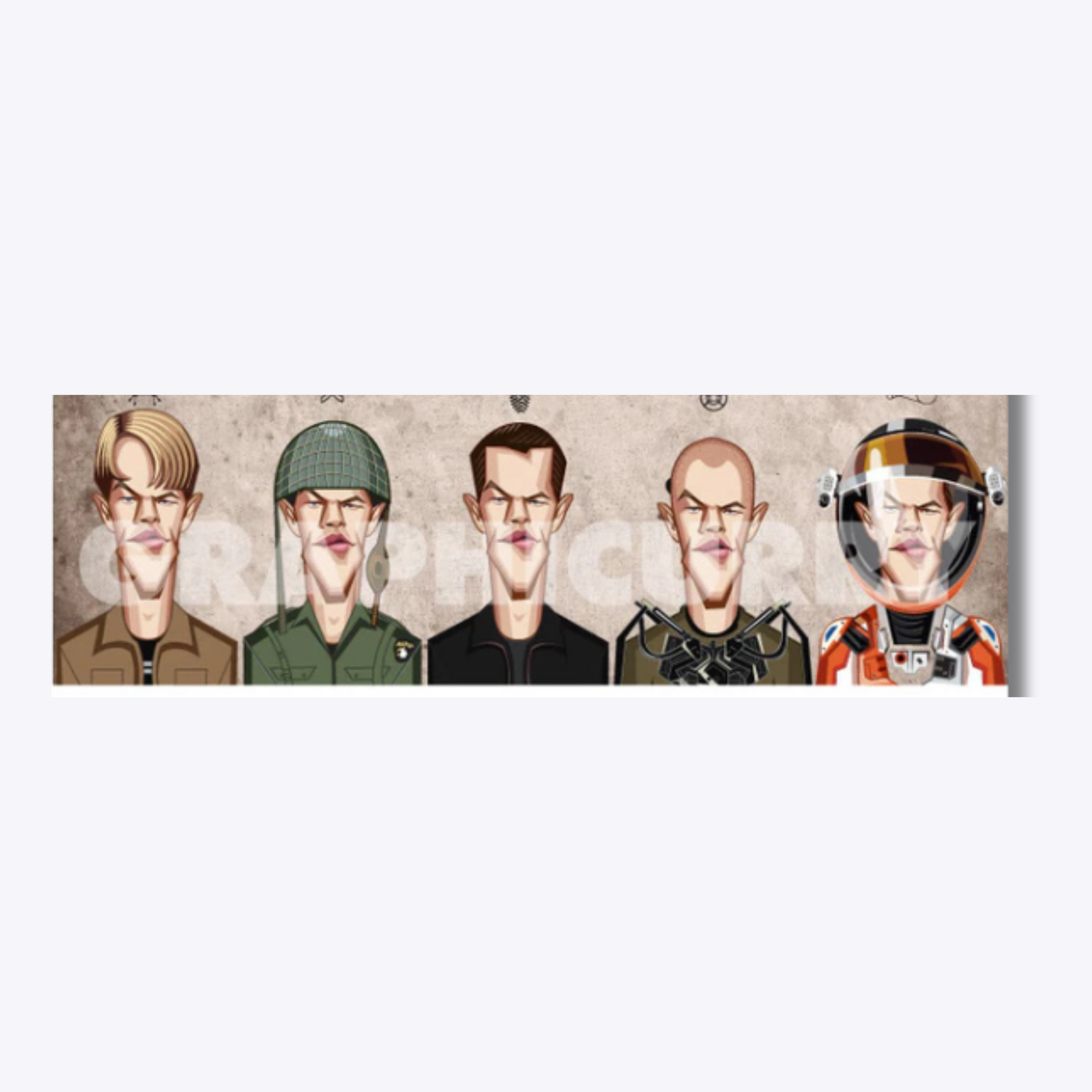 Evolution of Matt Damon wall art featuring iconic movie roles illustrated by Prasad Bhat