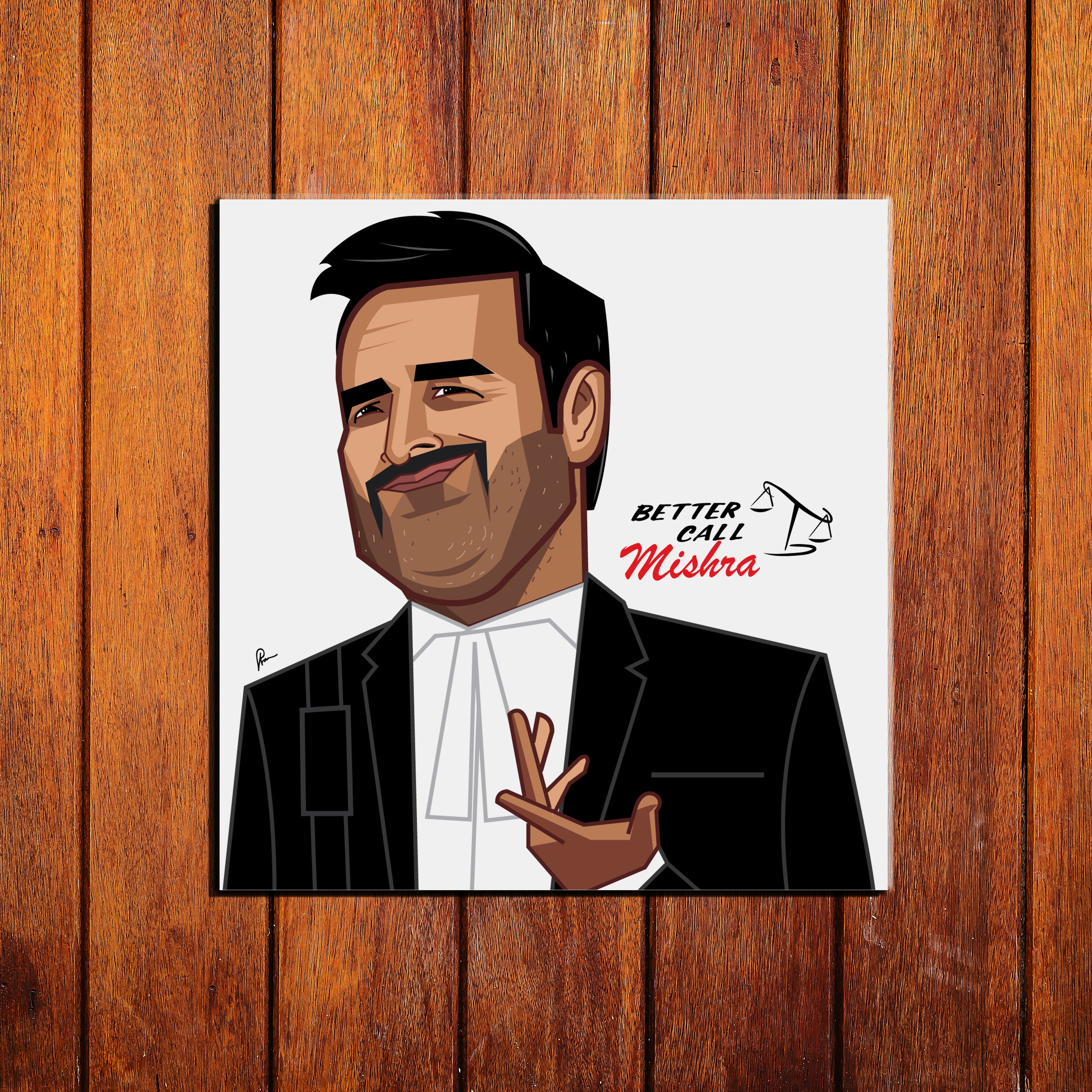 Hand-drawn Mishra Ji caricature wall art illustrated by Prasad Bhat