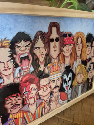 Caricature tribute artwork of rock stars in acrylic frame