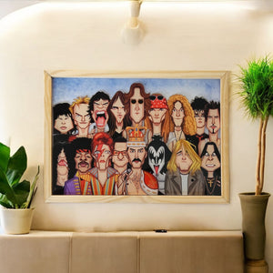 Rock legends wall art with iconic musicians in bold illustration style