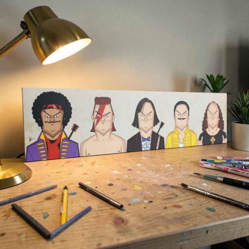Rock and roll pop culture wall art featuring iconic musicians illustrated by Prasad Bhat