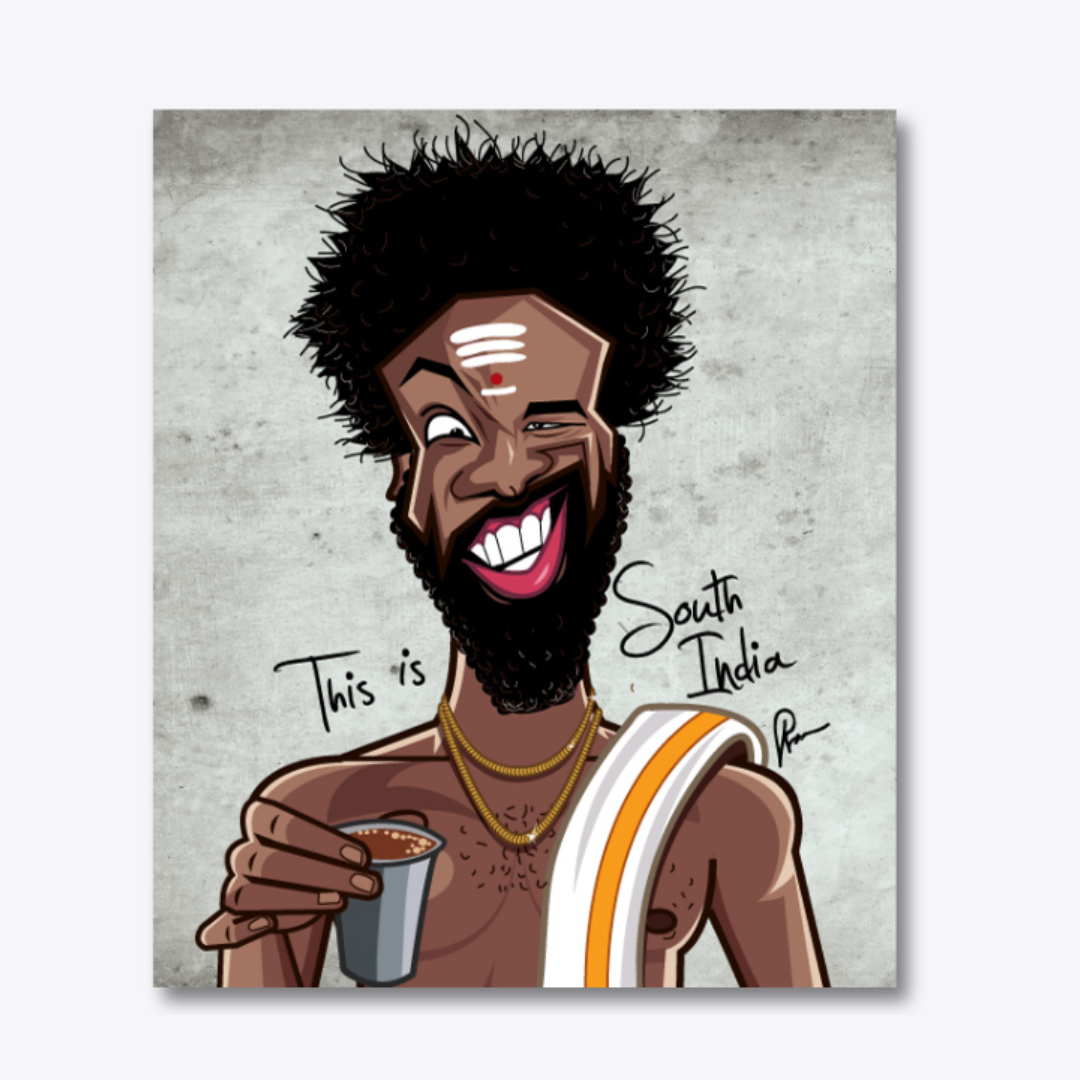 South India wall art featuring quirky cultural elements and regional humor illustration