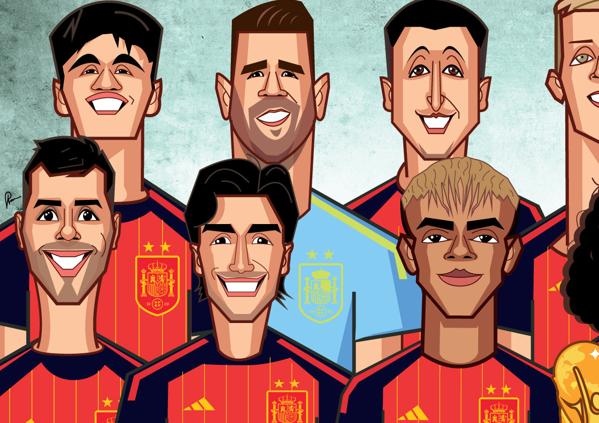 Spain football team World Cup 2026 winners illustrated caricature artwork.