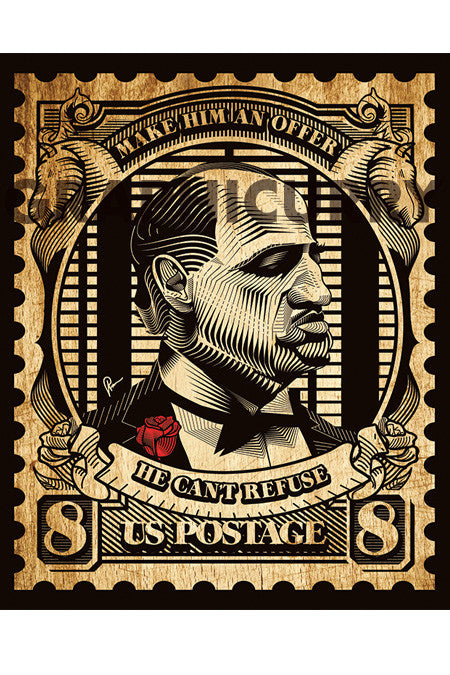 The Godfather Stamp Wall Art featuring Don Corleone caricature by Graphicurry