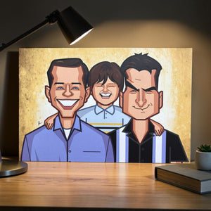 Signed Two and a Half Men collectible wall art for TV show fans featuring iconic characters in caricature style
