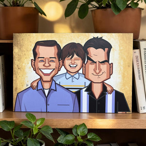 Funny sitcom wall art featuring Two and a Half Men characters in clean vector caricature design for home decor