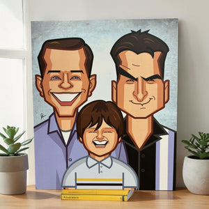 Two and a Half Men fan wall decor with Malibu trio caricature artwork by Prasad Bhat premium signed print