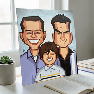 Two and a Half Men office wall art featuring famous sitcom trio in bold cartoon portrait design