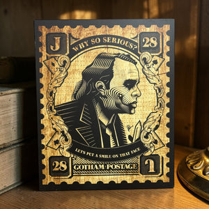 Woodcut-inspired Joker wall decor showcasing detailed linework and shading