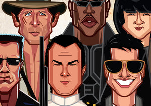 Arnold Schwarzenegger Sylvester Stallone Tom Cruise caricature wall art