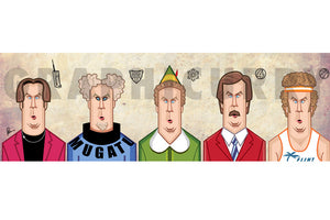 Will Ferrell movie poster showcasing memorable comedy roles in illustrated artwork
