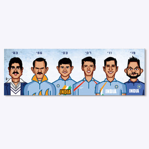 Indian World Cup captains caricature wall art by Prasad Bhat featuring cricket legends tribute artwork