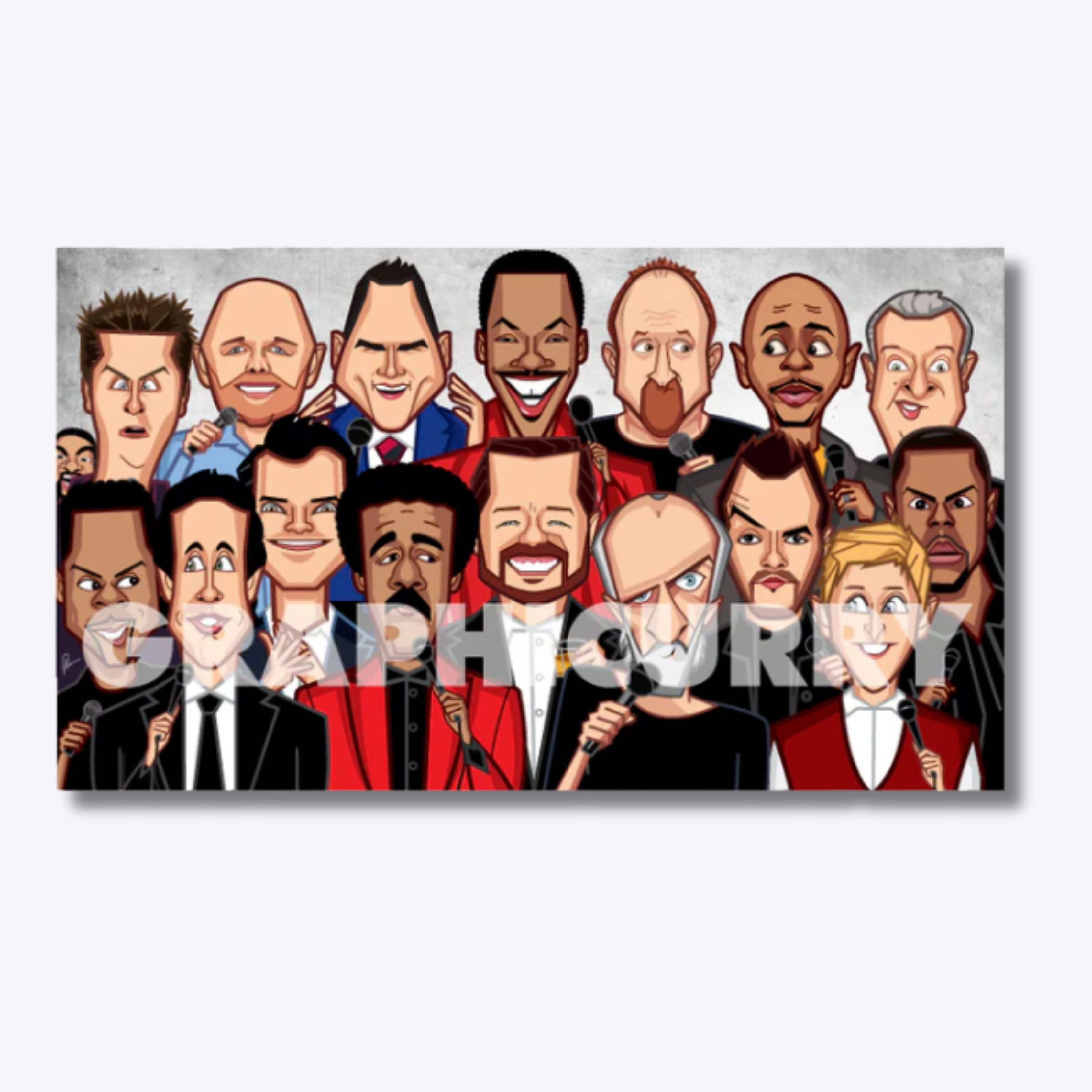 The World of Stand Up comedy caricature wall art by Prasad Bhat featuring legendary comedians