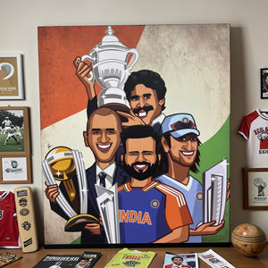 cricket legends wall art India featuring Kapil Dev MS Dhoni Rohit Sharma artwork