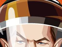 Matt Damon in his Caricature Art Form by Prasad Bhat. Image shows zoomed in close up of his deep eyes through the astronaut's helmet.