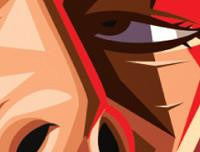 Zoomed in Django Tribute Art Poster by Prasad Bhat in Vector Caricature Illustrative Style. This image shows Leonardo's sleek eye.