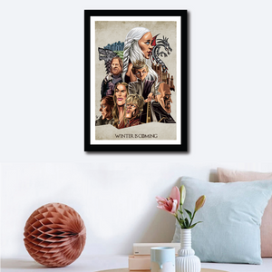 Framed Game of Thrones Poster on wall decor. Caricature Art by Prasad Bhat showcasing all the lead characters in a detailed composition.