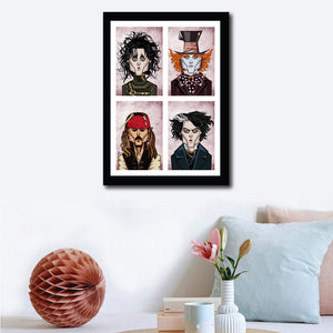 Wall Decor Visual of Framed Poster showing Johnny Depp in his eccentric characters in 'Alice In The Wonderland', 'Edward Scissor Hands', 'Sweeney Todd', 'Pirates Of The Caribbean' and 'Charlie And The Chocolate Factory'. Art by Prasad Bhat