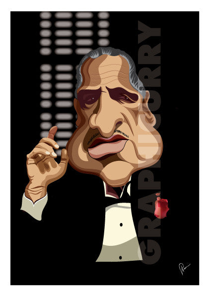 Godfather Poster, Caricature Art by Prasad Bhat showing Don Corleone sitting in his iconic pose with a red pocket rose, his one hand held up and against a black backdrop.