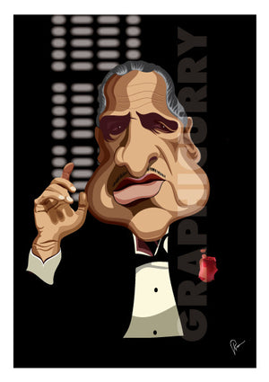 Godfather Poster, Caricature Art by Prasad Bhat showing Don Corleone sitting in his iconic pose with a red pocket rose, his one hand held up and against a black backdrop. 