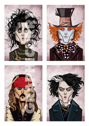 Poster showing Johnny Depp in his eccentric characters in 'Alice In The Wonderland', 'Edward Scissor Hands', 'Sweeney Todd', 'Pirates Of The Caribbean' and 'Charlie And The Chocolate Factory'. Art by Prasad Bhat