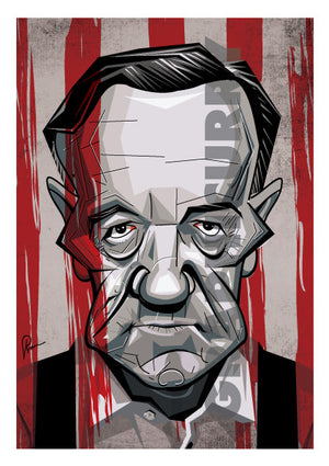 Frank Underwood Poster portrayed by Kevin Spacey. Caricature Art Tribute by Prasad Bhat. Image shows him staring right on with his grim eyes and a bloody backdrop.
