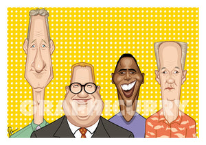 Caricature Art poster of Who's Line is it anyway? by Prasad Bhat. The four leads of the show look straight forward looking their goofy selves against a vibrant yellow backdrop.