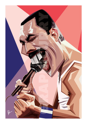 Poster of Freddie Tribute artwork by Prasad Bhat. A candid pose of Freddie singing away on his microphone. Poster shows a one inch border for framing purpose.