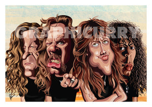 Art Poster of the four members of Metallica Band. Caricature Art tribute by Prasad Bhat showing the four members standing in a group looking brutal with their open hair and eccentric expressions.