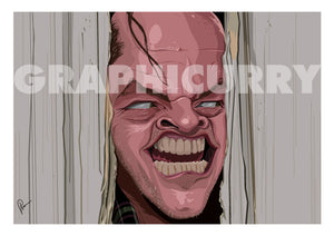 Caricature Art Poster of famous scene from movie "Shining" . Jack Nicholson popping his head out of the axed door creepily saying "Here's Johnny"