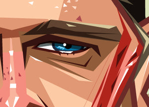 Caricature Art of Brad Pitt by artist Prasad Bhat with details showing of his one eye and a bleeding scar