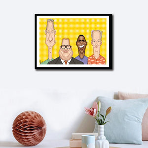 Wall decor with Framed Caricature Art poster of Who's Line is it anyway? by Prasad Bhat. The four leads of the show look straight forward looking their goofy selves against a vibrant yellow backdrop.