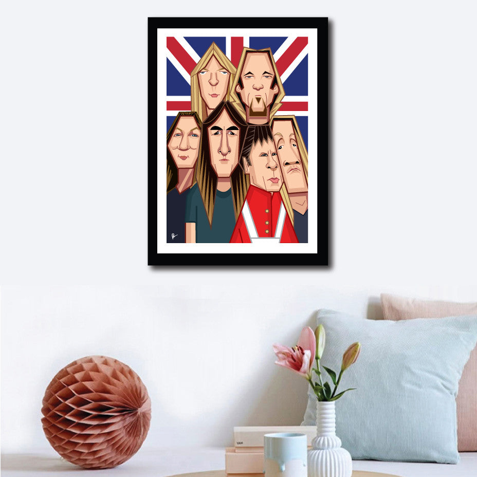 Wall decor with the Framed Caricature Art Poster of Iron Maiden Band. Fan art by Prasad Bhat shows all the six band members in a snug composition in front of the back drop of a British Flag.
