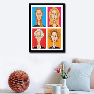 Meryl Streep Framed Poster. Caricature art by Prasad Bhat. Image shows frame of the artwork on a wall decor, with a vibrant colored composition. It shows Meryl in her four avatars from different movies.