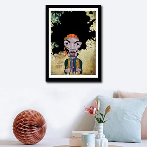 Jimi Hendrix Caricature by Prasad Bhat in a framed Poster on a wall decor. The artist stylized this artwork with vibrant composition and an abstract layout.