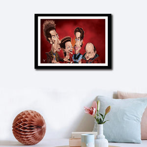Framed visual of Seinfeld Tribute art against a beautiful wall decor by Prasad Bhat. Caricature Vector illustrative style showing all the four leads of the show.