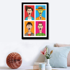 Jim Carrey's Humorous Avatars in Prasad Bhat's artwork. Four vibrant color blocks show his hilarious expressions looking straight forward in this framed artwork poster, on a wall decor. 