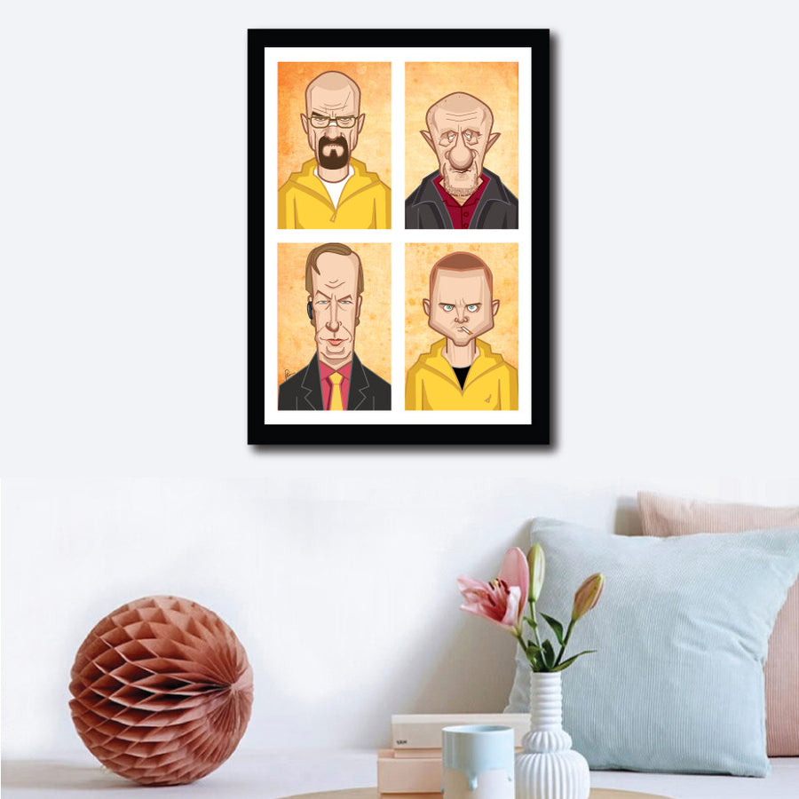 Framed Visual of Breaking Bad Poster. Tribute Fan Art in Caricature Style by Prasad Bhat. Image shows vertical block composition of the four lead characters of the show.