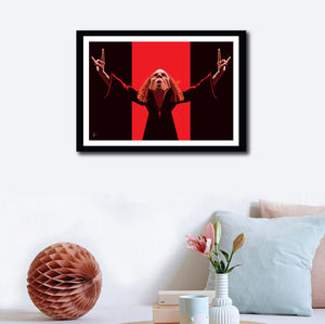 Ronnie Jamse Dio Framed Poster. Artwork by Prasad Bhat. Image shows wall decor of the art in a frame.