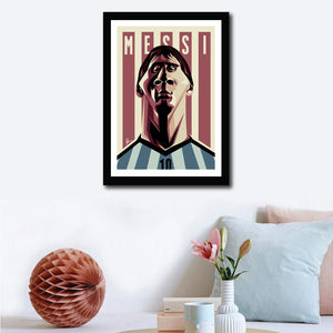 Wall decor with Framed Caricature Art Poster of Messi by Prasad Bhat. Argentine Footballer looking forward with his determined eyes and his football jersey against the backdrop of rugged lines and his name etched on them.