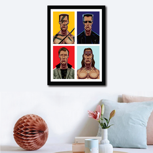 Wall decor of Framed Caricature Art Poster of Arnold Schwarznegger. Image shows the colorful composition in blocks with four of his avatars from Terminator 80s, 90s , Conan and Commando.