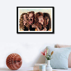 Wall decor of Framed Art Poster of the four members of Metallica Band. Caricature Art tribute by Prasad Bhat showing the four members standing in a group looking brutal with their open hair and eccentric expressions.