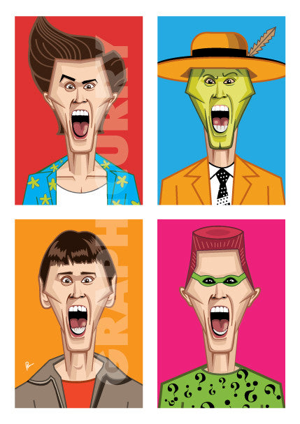 Jim Carrey's Humorous Avatars in Prasad Bhat's artwork. Four vibrant color blocks show his hilarious expressions looking straight forward in this artwork poster.