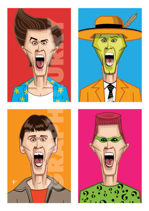 Jim Carrey's Humorous Avatars in Prasad Bhat's artwork. Four vibrant color blocks show his hilarious expressions looking straight forward in this artwork poster. 